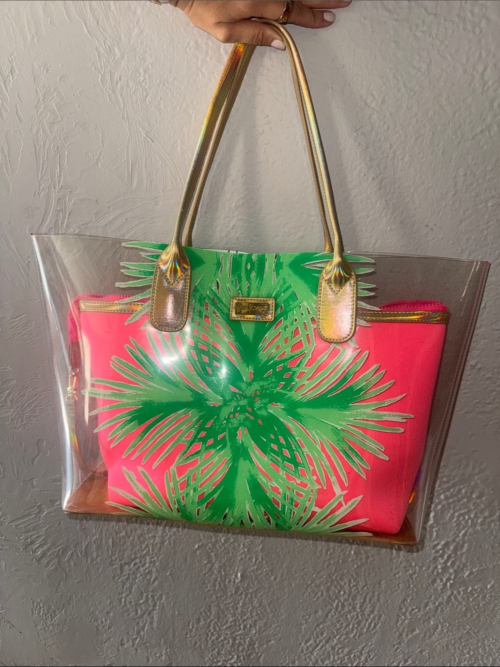 Lilly Pulitzer Clear Tote with Pink Insert & Green Tropical Print